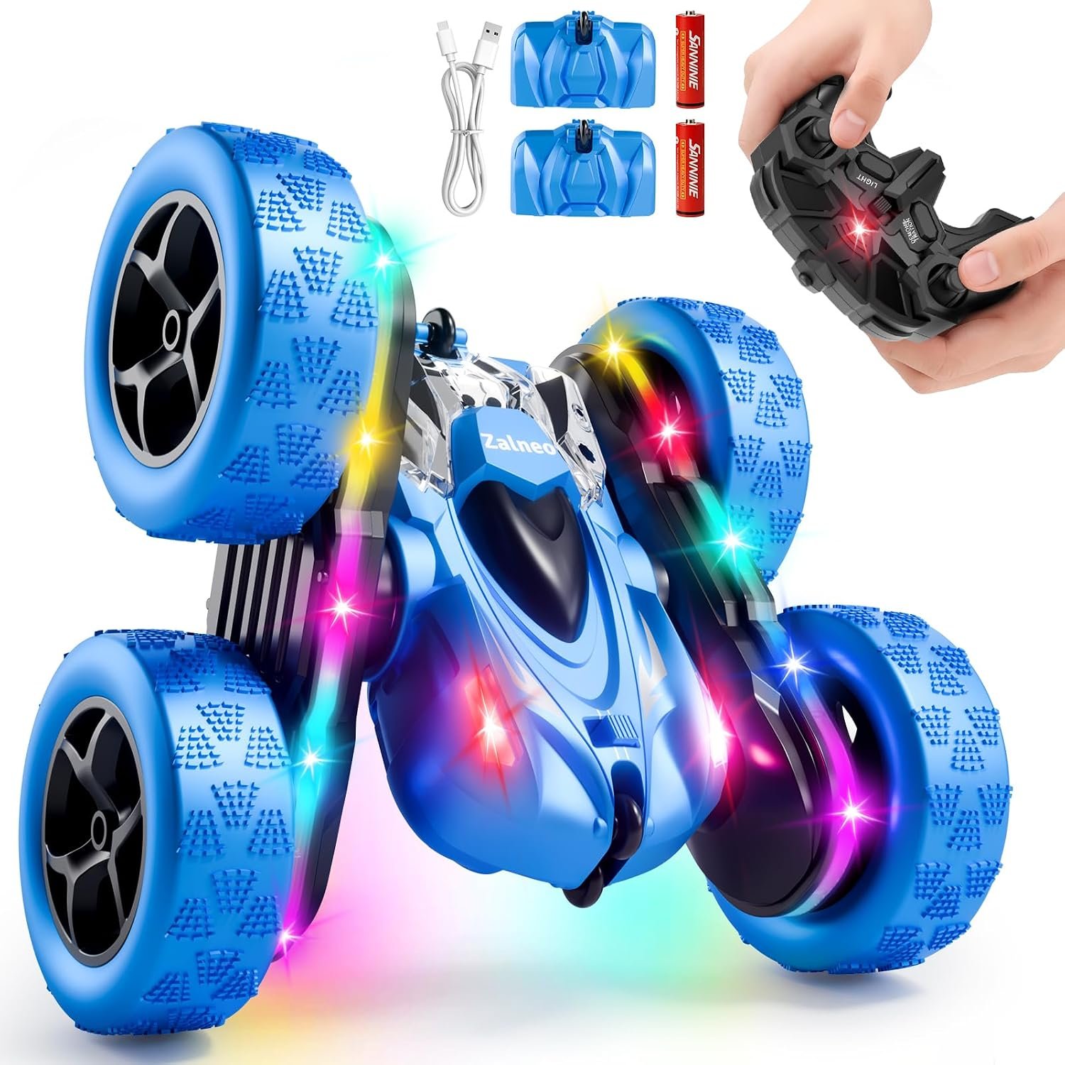 Remote Control Stunt Car 4WD 360° Flip Double‑Sided RC Cars, LED Light Bar, USB‑C Modular Battery, 2.4 GHz Outdoor Beach Toy for Boys 6‑12 Years Old, Birthday & Christmas Kids Gift, Blue