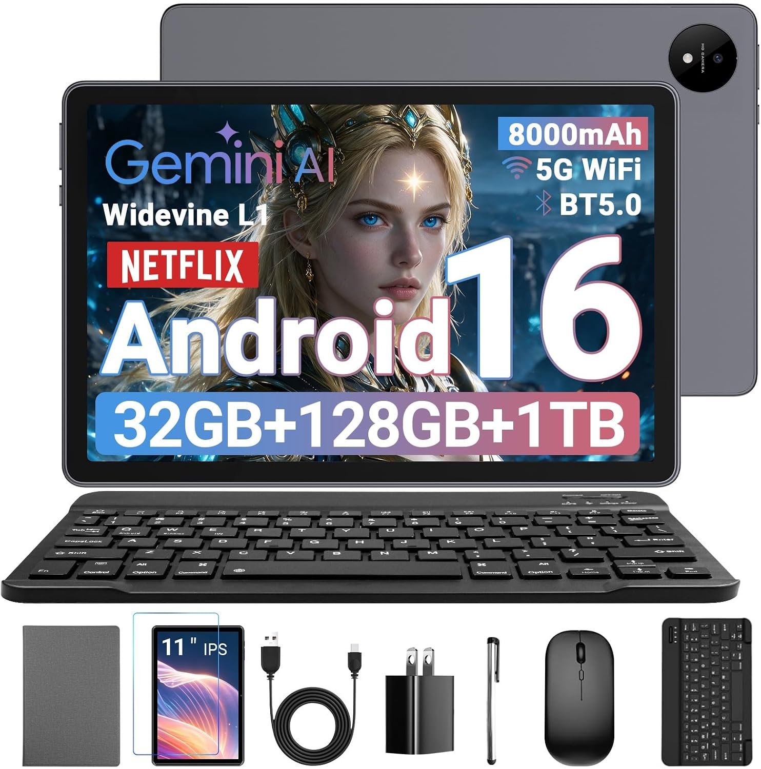 11 Inch Android 16 Tablet with Keyboard and Mouse, 32GB RAM 128GB ROM (1TB Expandable), Octa-Core Processor, 1920x1200 FHD IPS Display, 8000mAh Battery, 5G WiFi, Dual 8MP/16MP Camera, Bluetooth