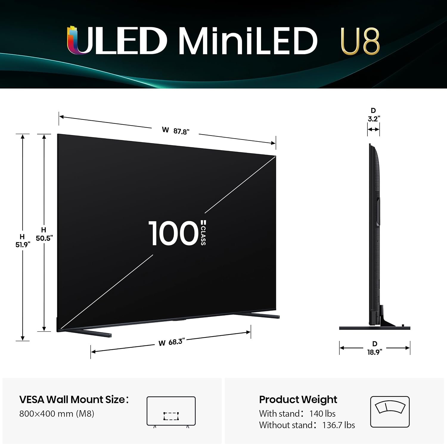 Hisense 100" U8 Series ULED Mini-LED 4K UHD Smart Google TV (100U8QG) - QLED, Native 165Hz, VRR 288, Up to LD5600, 5000 Nits, HDR10+, Dolby Vision IQ · Atmos, IMAX Enhanced, 4.1.2 Ch Audio - Image 2