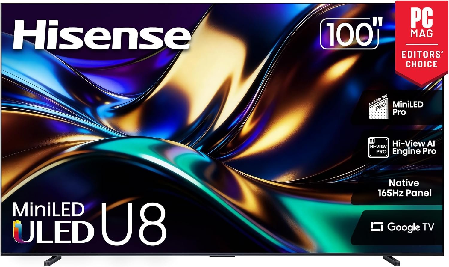 Hisense 100" U8 Series ULED Mini-LED 4K UHD Smart Google TV (100U8QG) - QLED, Native 165Hz, VRR 288, Up to LD5600, 5000 Nits, HDR10+, Dolby Vision IQ · Atmos, IMAX Enhanced, 4.1.2 Ch Audio